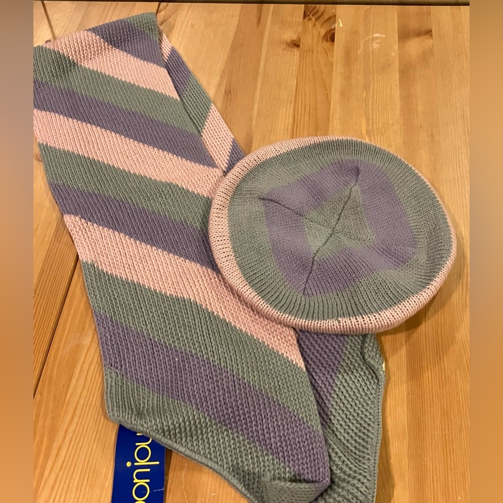 NWT Bonjour Beret Hat & Matching Striped Knit Scarf Set Purple, Pink & Grey